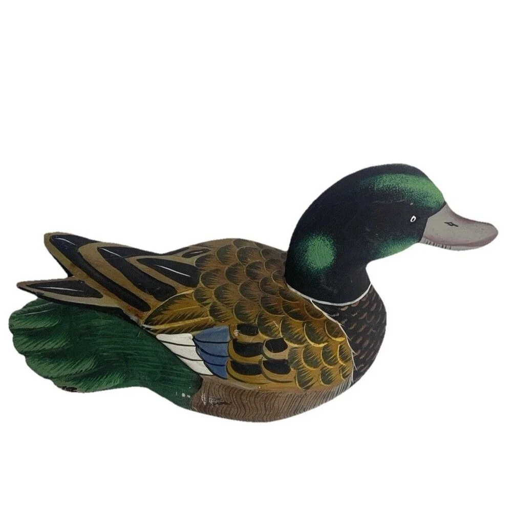 Vtg Hand Painted Wood Duck Decoy, Decorative, 12” Long